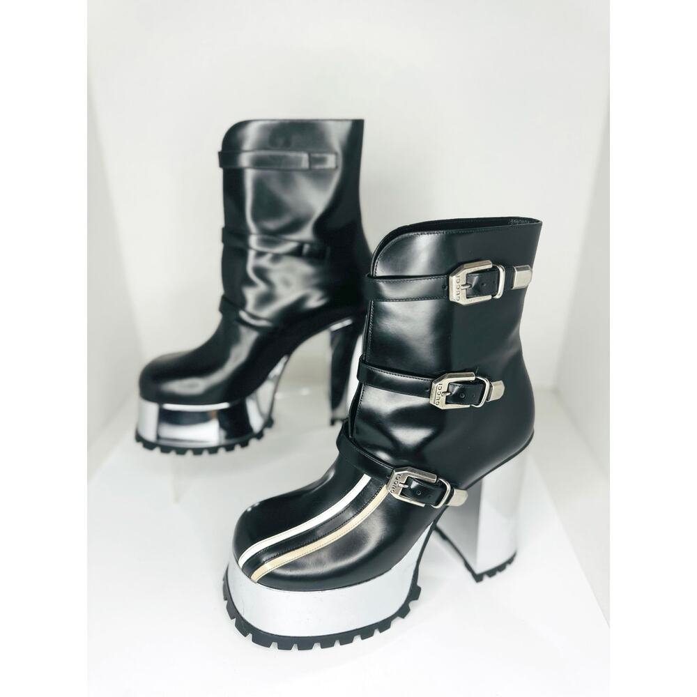 Gucci Black Leather Striped Block Heel Platform Booties Size 39 Ankle Boots